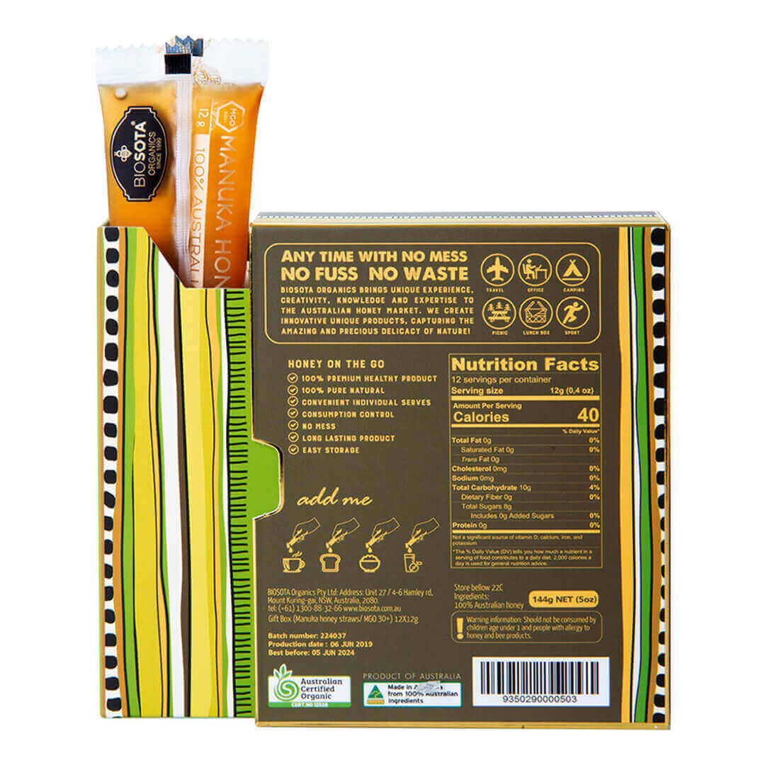 biosota organics manuka honey mgo 880 straws gift box back