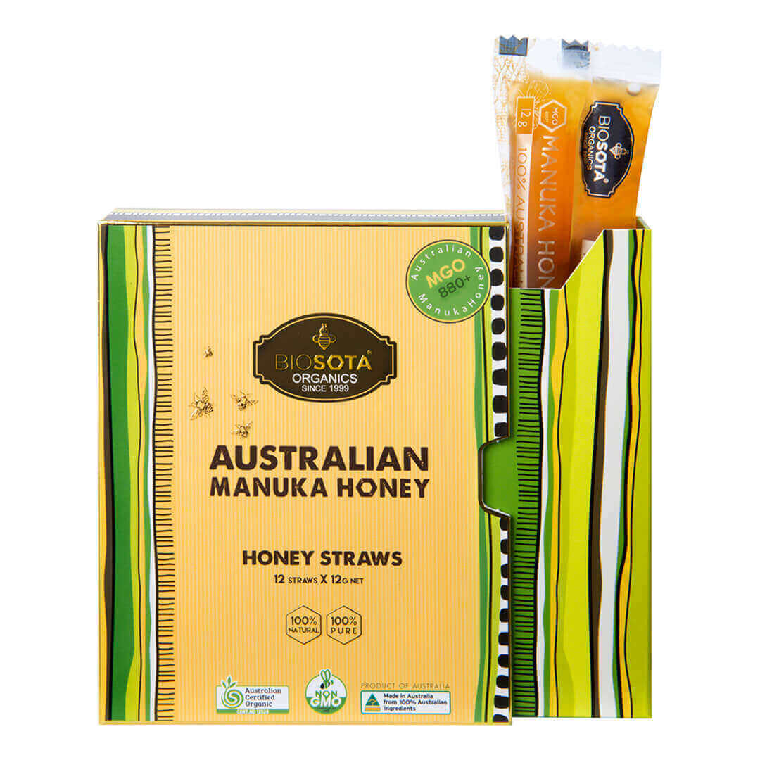 biosota organics manuka honey mgo 880 straws gift box front