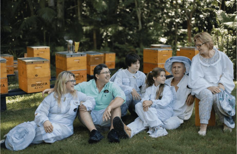 Three generations of the Biosota beekeeping family at the hives