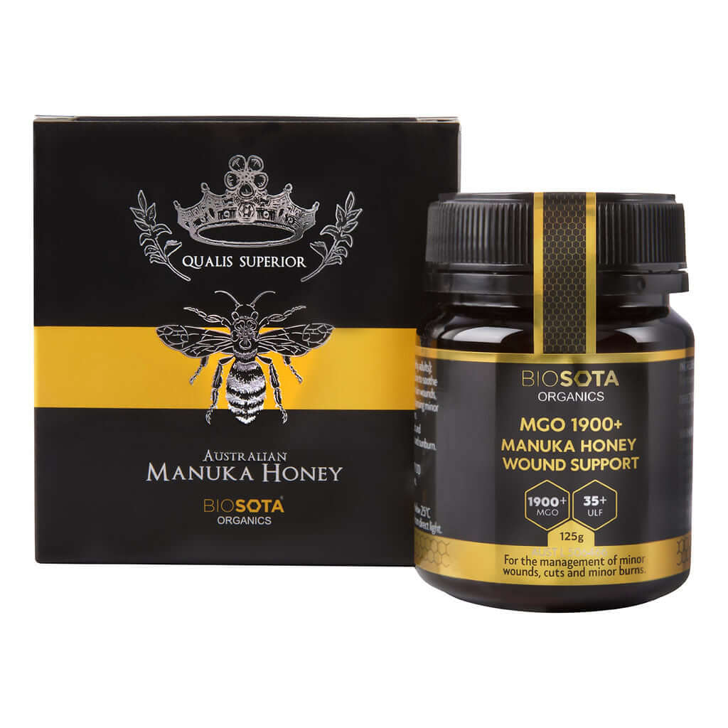 Medical-Grade Manuka Honey MGO 1900+ Wound Support 125g by Biosota Organics in packaging with bee design.