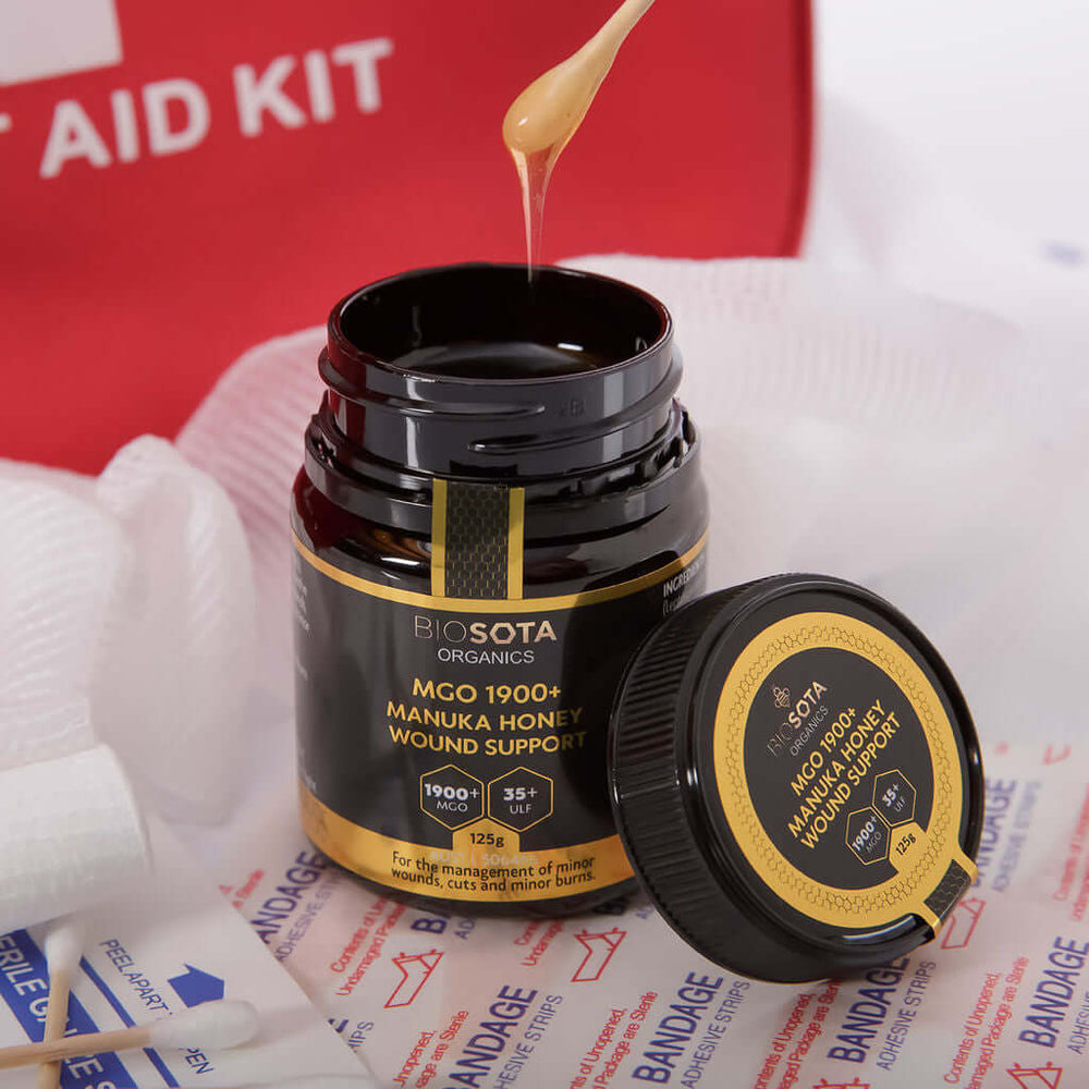 Medical-Grade Manuka Honey MGO 1900+ Wound Support in a jar for effective wound healing.
